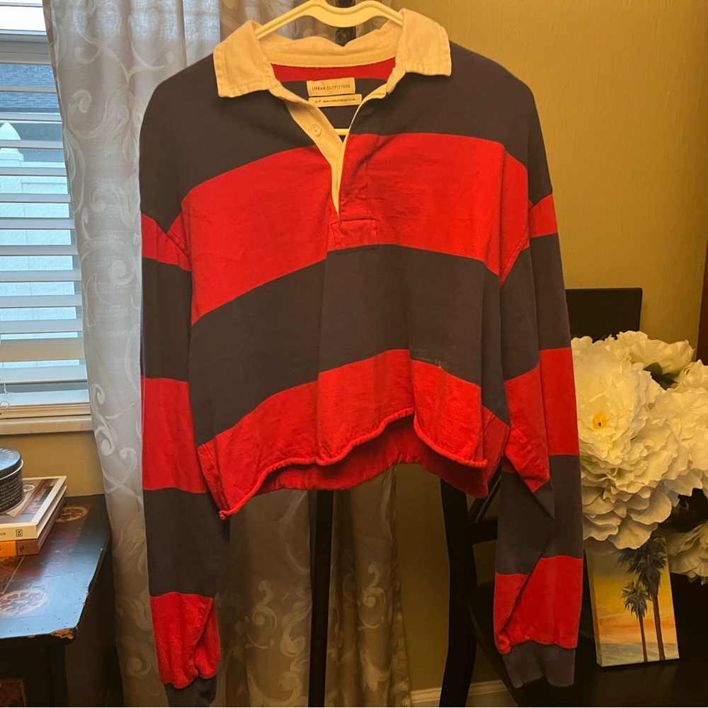Navy Blue and Red cropped long sleeve Urban Outfitters shirt
